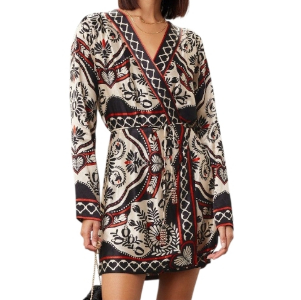 Printed Wrap Mini Dress in Cream and Black with Red Accents